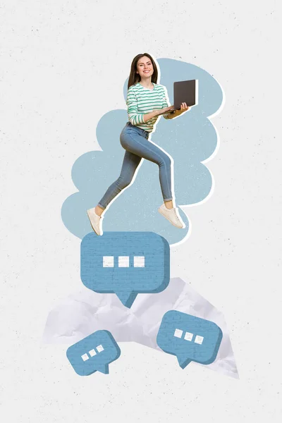 Vertical Creative Composite Artwork Photo Collage Positive Woman Hold Laptop — Stock Photo, Image