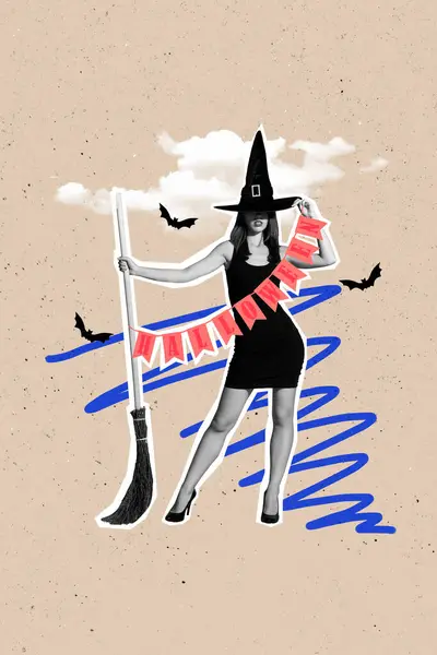 Vertical Collage Black White Colors Terrifying Witch Girl Hold Broomstick — Stock Photo, Image