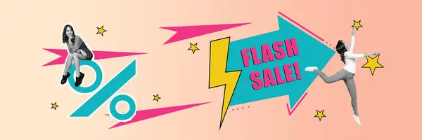 Horizontal illustration collage flash sale advertisement promo percent huge discount comics prices falling isolated on pink background.