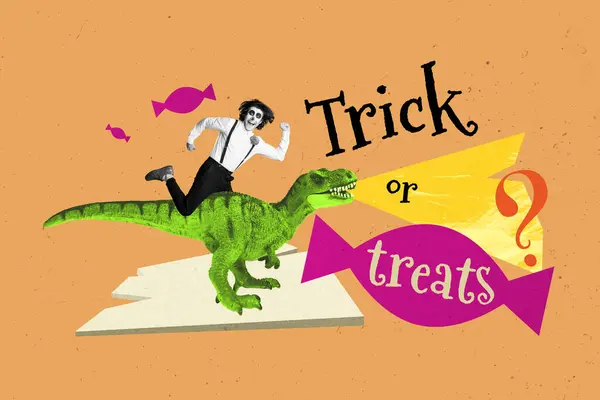Picture Sketch Collage Image Smiling Halloween Mexico Fiance Riding Dinosaur — Stock Photo, Image