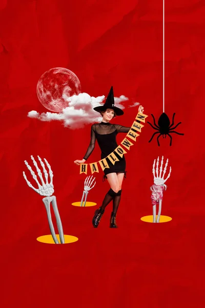 Exclusive Magazine Picture Sketch Collage Image Funny Wizard Hanging Halloween — Stock Photo, Image