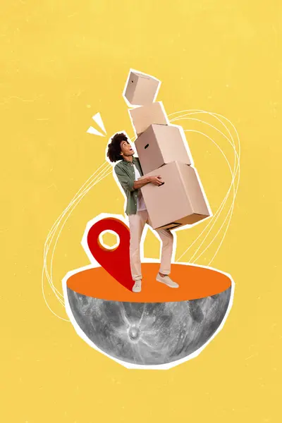 Poster Collage Picture Afro American Boy Courier Carry Hard Parcel — Stock Photo, Image