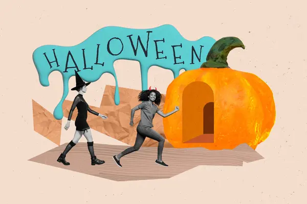 Foto Collage Signore Divertenti Indossare Costumi Halloween Esecuzione Partito Isolato — Foto Stock