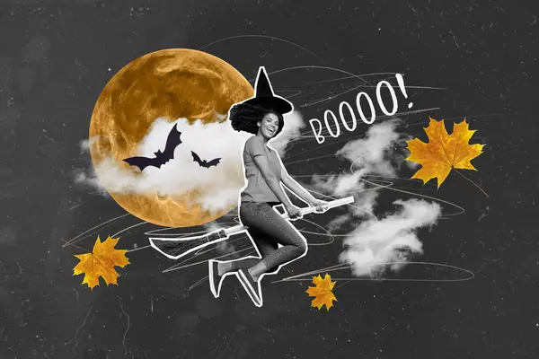 Konstverk Collage Bild Leende Häxa Dam Flyger Kvast Halloween Parti — Stockfoto