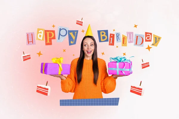 Magazine collage picture of excited funny lady getting birthday presents isolated drawing background.