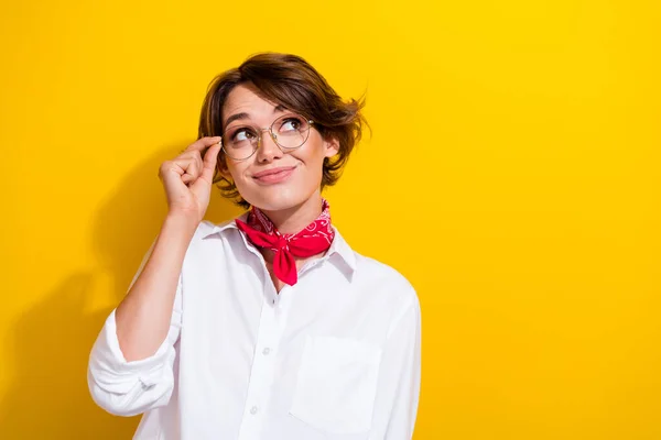 Portrait Cute Lovely Young Woman Bob Brown Hair Touch Glasses — Stock Photo, Image