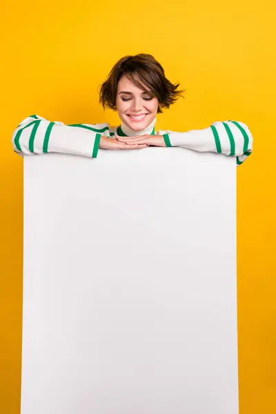 Vertical Photo Nice Young Woman Folded Hands Looking Empty Space — Stock Photo, Image