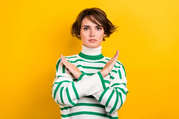 Portrait Young Serious Woman Bob Brown Hair Wear Striped Stylish — Stock Photo, Image