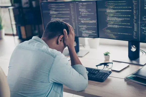 Photo of sadness upset young guy found his failed program code dont know solution app bug depressed devops at workstation home office.