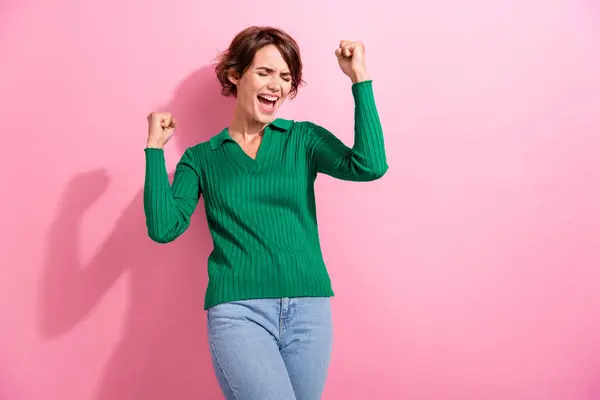 Portrait Satisfied Overjoyed Woman Short Hair Wear Stylish Clothes Shouting — Stock Photo, Image