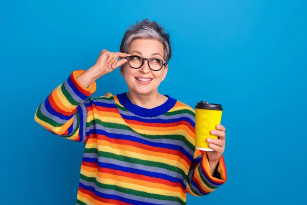 Photo Minded Lovely Lady Arm Touch Eyeglasses Hold Coffee Cup — Stock Photo, Image