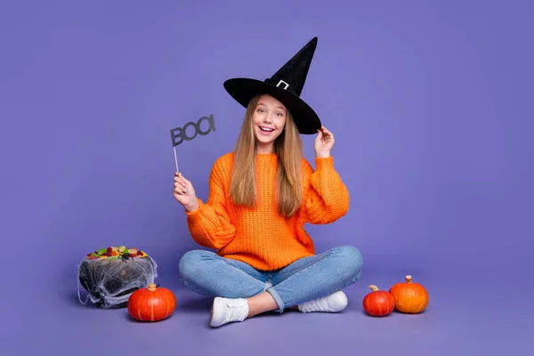 Full Tělo Fotografie Mladé Teen Dívka Již Připravena Halloween Dovolená — Stock fotografie