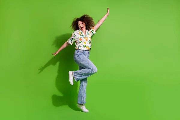 Full Length Photo Cute Excited Girl Dressed Print Shirt Dancing — Stock Photo, Image