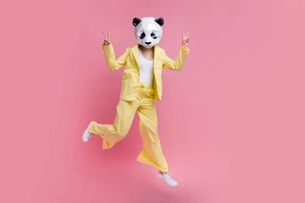 Full Size Photo Weird Excited Panda Mask Girl Jump Show — Stock Photo, Image