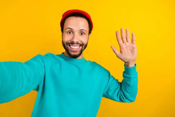 Portrait Optimistic Nice Man Beard Dressed Turquoise Pullover Make Selfie — Stock Photo, Image