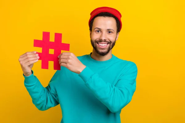 Portrait Toothy Beaming Cheerful Man Beard Dressed Turquoise Pullover Fingers — Stock Photo, Image