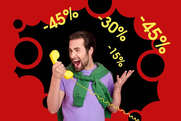 Magazine collage picture of funky impressed guy getting vintage phone sale announcement isolated red black background.