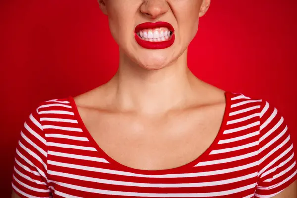 Closeup Cropped Portrait Young Person Funny Grinning Grimace Mouth Toothy — Stock Photo, Image