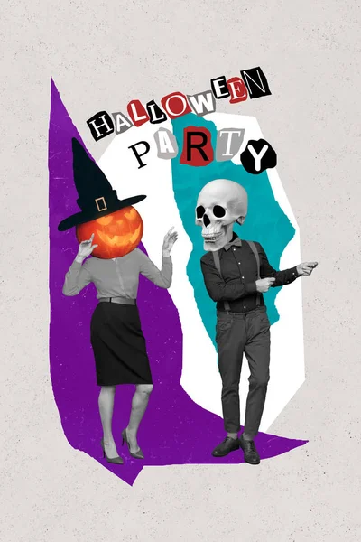 Artwork Gráficos Pintura Colagem Casal Engraçado Funky Usar Trajes Halloween — Fotografia de Stock