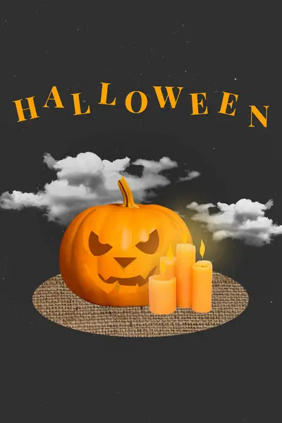 Kreatywny Trend Kolaż Halloween Dynia Głowa Rzeźbione Twarz Strona Chmury — Zdjęcie stockowe