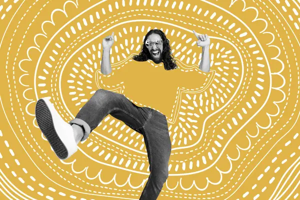 Collage 3d image of pinup pop retro sketch of excited hippie man dancing have fun discotheque yellow background ornament doodle drawing.