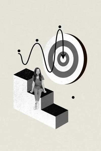 Retro Abstrakcyjne Twórcze Grafiki Szablon Kolaż Młodych Inteligentnych Schodów Kobiet — Zdjęcie stockowe