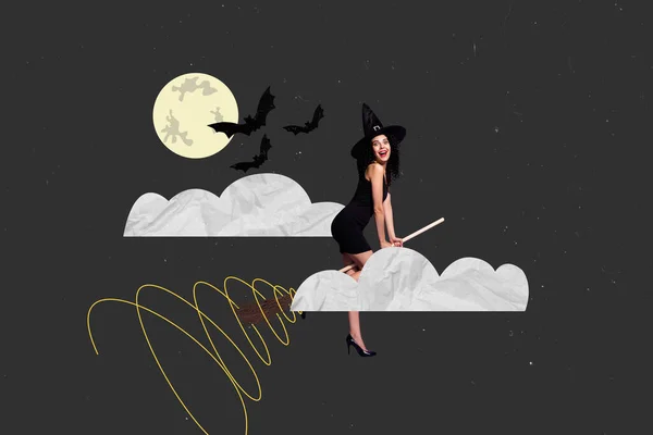 Composite Collage Picture Image Flying Sky Broomstick Full Moon Beautiful — Stock Photo, Image