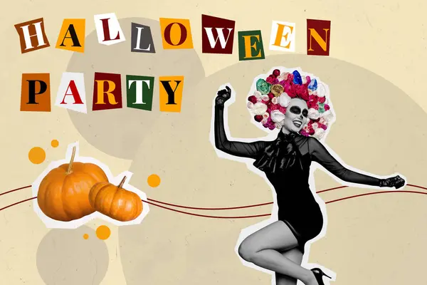 Collage 3d image of pinup pop retro sketch of attractive female calavera catrina costume dancing have fun pumpkin halloween party magazine.