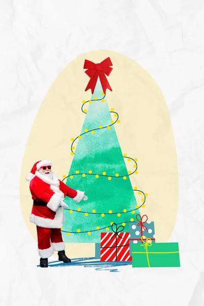 Collage Artwork Picture Excited Funky Santa Claus Showing Christmas Gifts — Stock Photo, Image