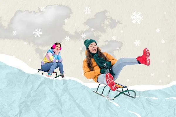 Collage Pop Sketch Funky Funny Girlfriends Sledding Enjoying New Vacation — Stock Photo, Image