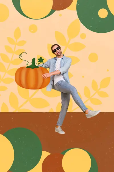 Vertical Collage Picture Excited Positive Guy Dancing Hands Hold Pumpkin — Stock Photo, Image