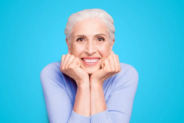 Gülen Gri Saçlı Mutlu Güzel Yaşlı Bir Kadın Portresi Gülümseme — Stok fotoğraf