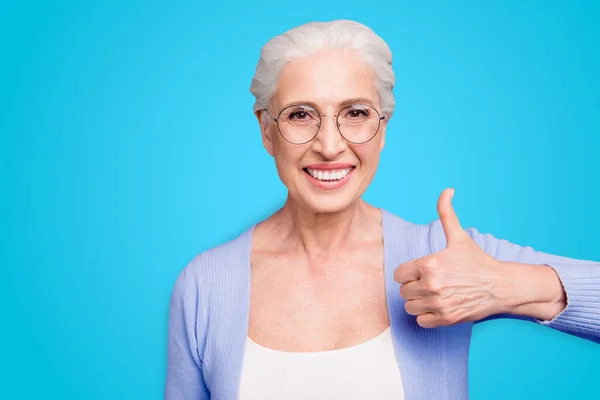 Portret Szare Włosy Stary Uśmiechający Się Przekonana Kobietę Okularach Wyświetlono — Zdjęcie stockowe