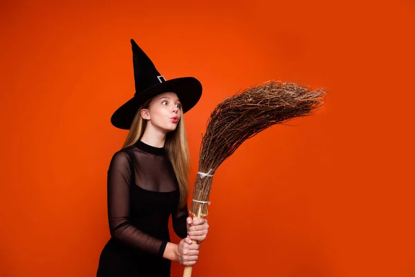 Photo Sweet Funny Girl Dressed Dark Witch Dress Headwear Blowing — Stock Photo, Image