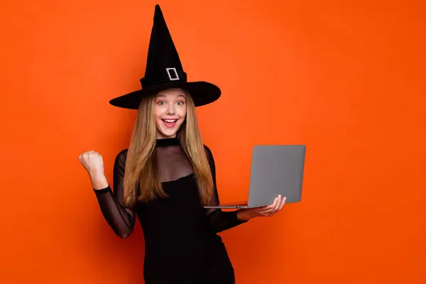 Photo Cute Lucky Girl Dressed Dark Witch Dress Headwear Winning — Stock Photo, Image