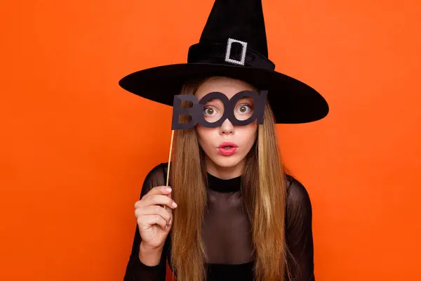 Photo Funky Scaring Girl Dressed Dark Witch Dress Headwear Looking — Stock Photo, Image