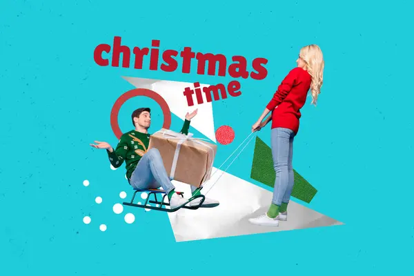 コラージュ 面白いカップルのレトロスケッチの3Dイメージ ガールプルリッジ男はプレゼントボックスギフトハッピーメリークリスマス新年テーマX Masを提供します — ストック写真