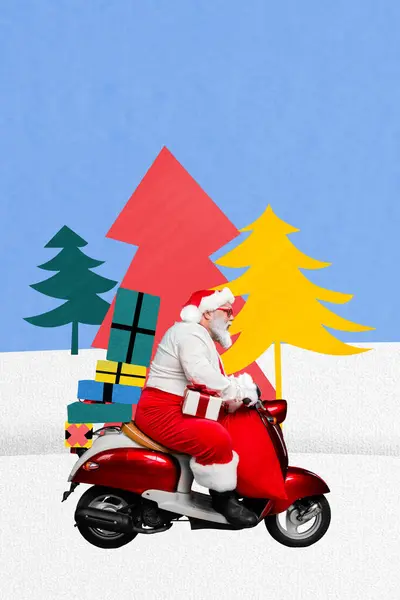 運転スクーターの複合コラージュ画像 面白いサンタクロースの老人が幸せなメリークリスマスの新しい年テーマX Masを提供 — ストック写真