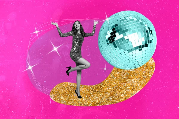 Creative composite artwork photo collage of adorable gorgeous girl dancing in night club near disco ball isolated on painted background.