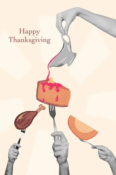 Collage postcard greeting card of youg people celebrating thanksgiving day eating delicious food isolated on drawing background.