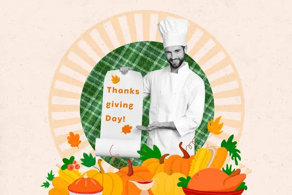 Collage poster image of happy smiling man chef hand showing postcard thanks giving day meal isolated on drawing background.