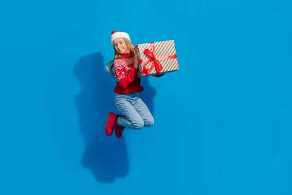 Full Length Photo Nice Girl Wear Ornament Jumper Santa Hat — Φωτογραφία Αρχείου