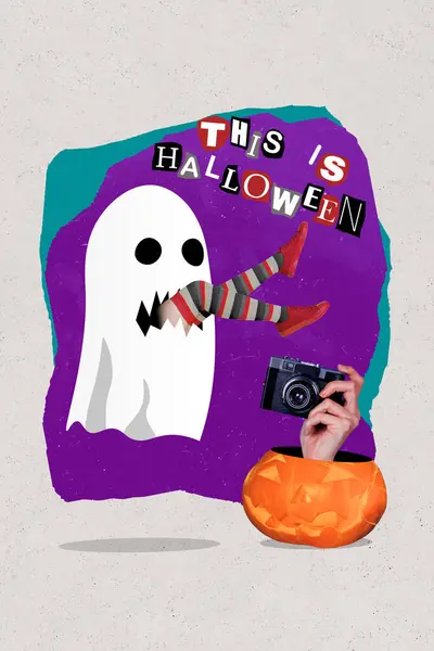 Magazine Collage Picture Funny Ghost Eating Woman Hand Taking Photo — Stock Photo, Image