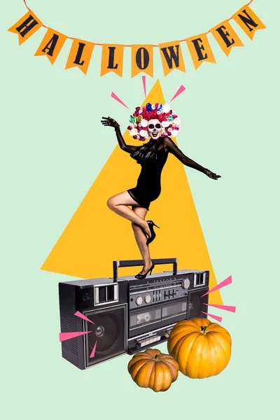Vertical Composite Creative Photo Collage Girl Skull Makeup Dancing Boombox — Stock Photo, Image