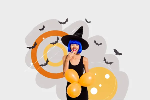 Creative Photo Artwork Graphics Collage Painting Funny Smiling Witch Holding — Stock Photo, Image