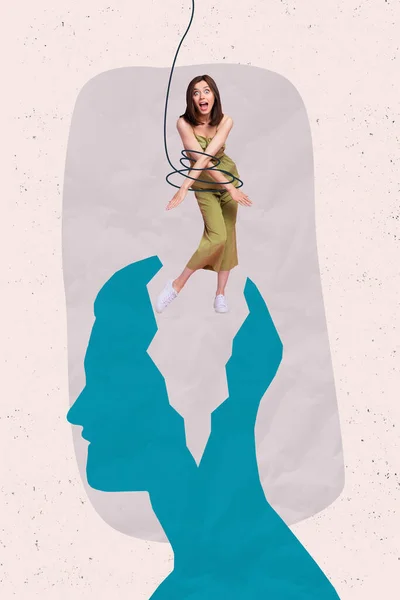 用绑着手的女孩的图片拼贴海报控制着绘画背景中的社会影响 — 图库照片