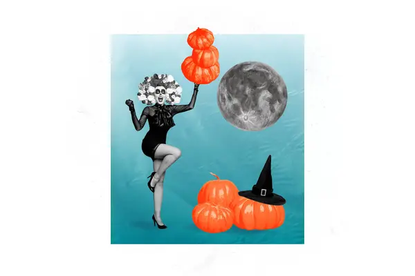 Creative Poster Collage Attractive Funny Dancing Excited Calavera Catrina Witch — Stock Photo, Image