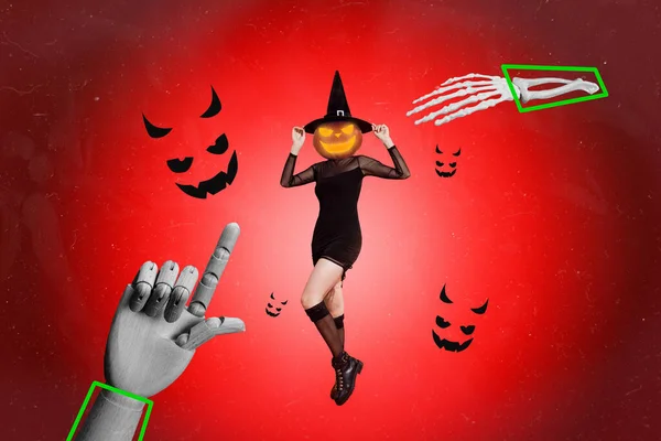 Artwork Magazine Collage Picture Puppet Hand Pointing Pumpkin Head Wizard — Stock Photo, Image