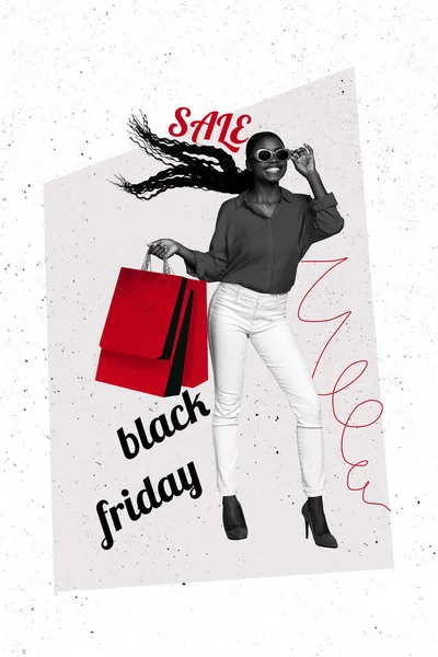 Full body collage promo advert of young glamour lady wear sunglass posing with shopping bags on black friday isolated over white background.