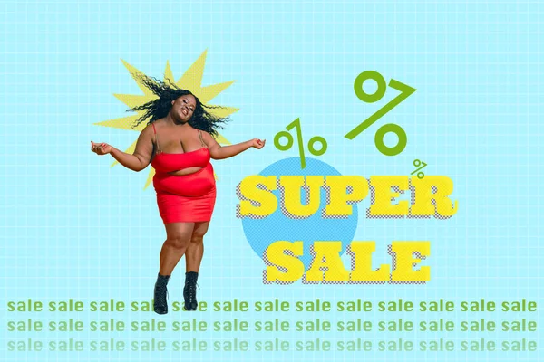 Creative collage image of dancing funky plus size girl dancing super sale deal isolated on blue checkered background.